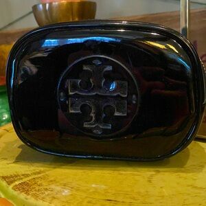 Tory Burch Black Stacked Logo Dome Zip Top Cosmetic Bag - 6x4x2.5